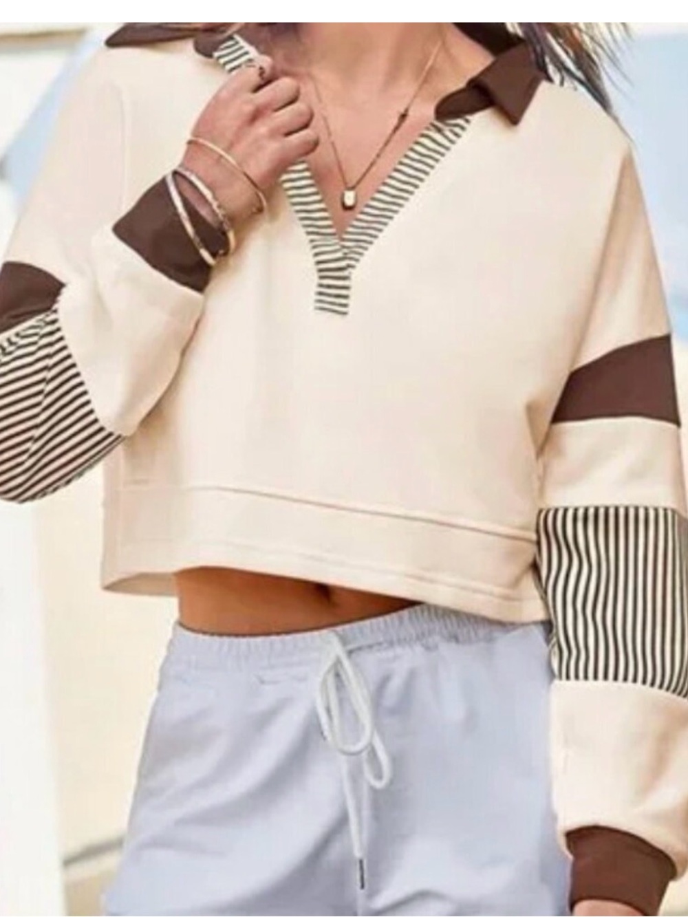 Altar'd State Cream and Brown Striped Cropped Polo